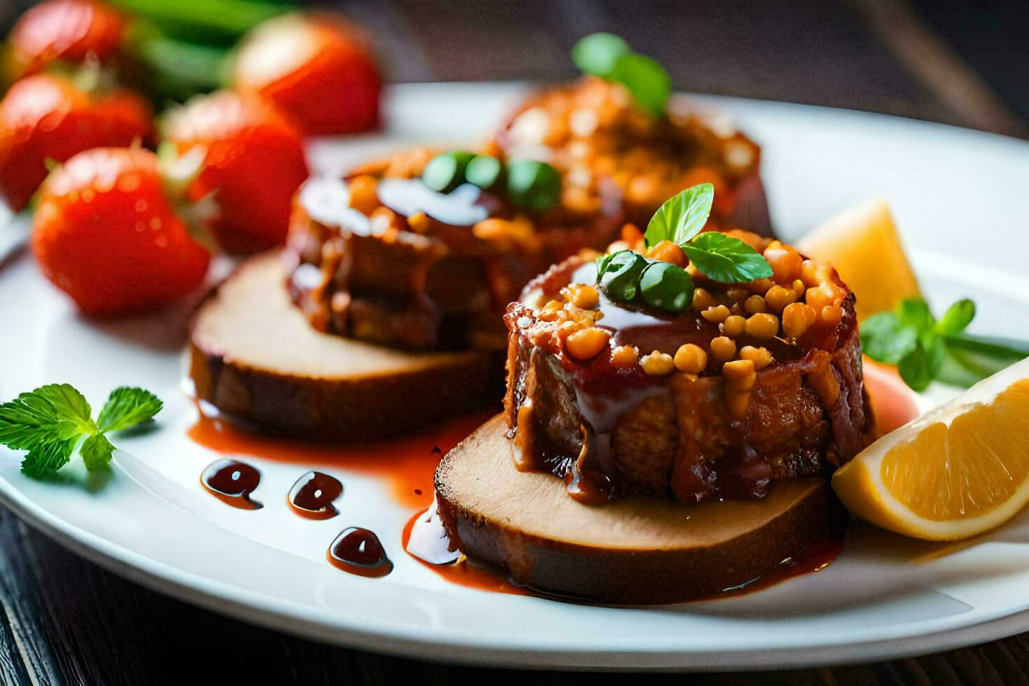 three pieces of meat on a plate with sauce. AI-Generated photo