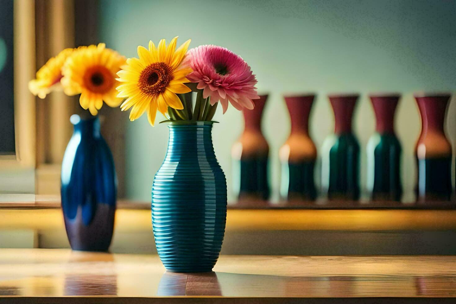 three vases with flowers on a table. AI-Generated photo