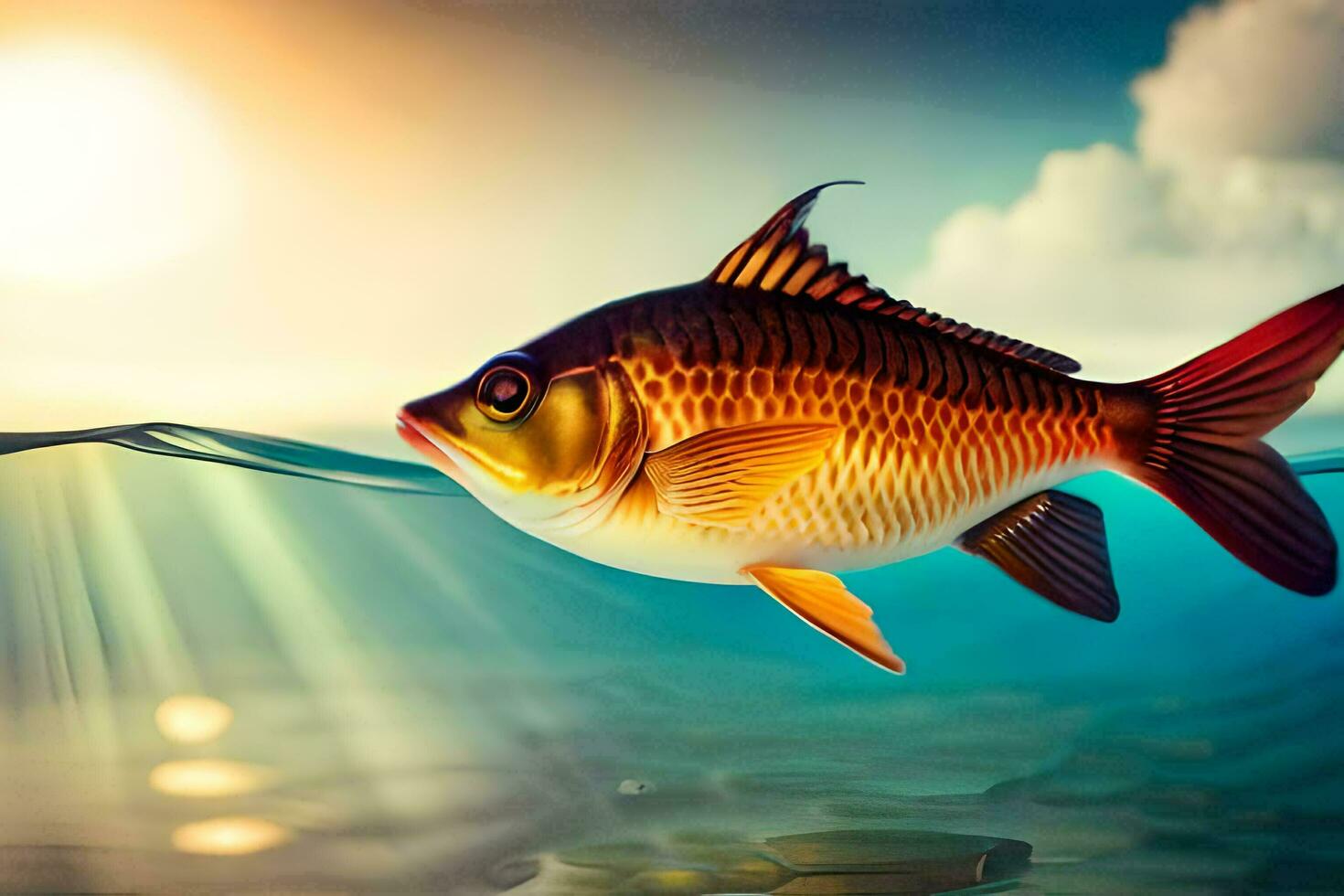 fish swimming in the ocean with sun shining. AI-Generated photo