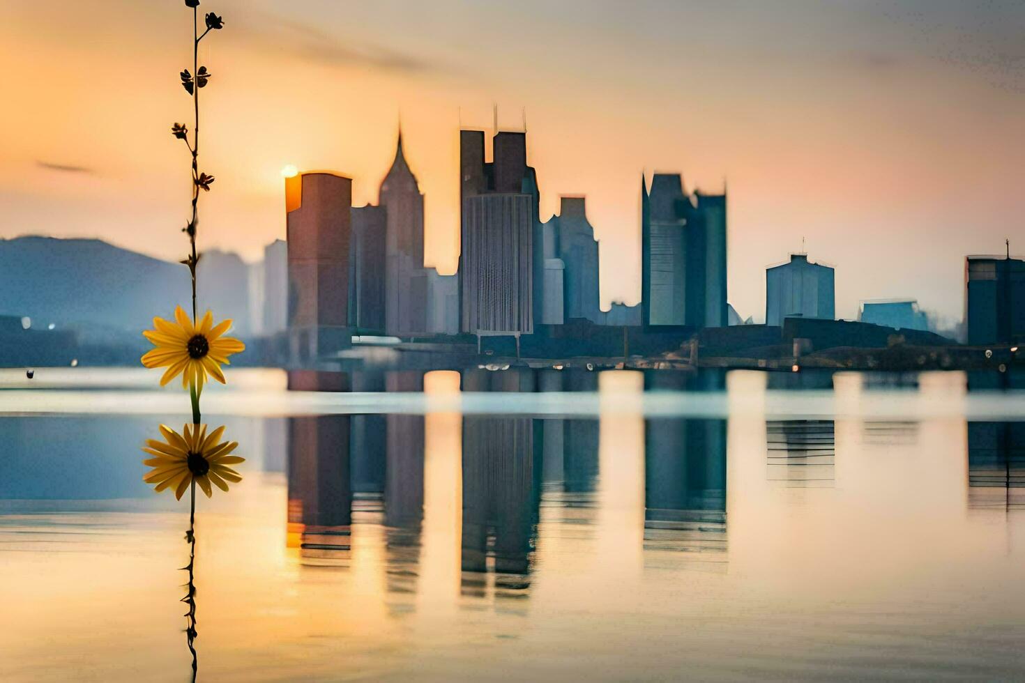 a flower is placed on the water in front of a city skyline. AI-Generated photo