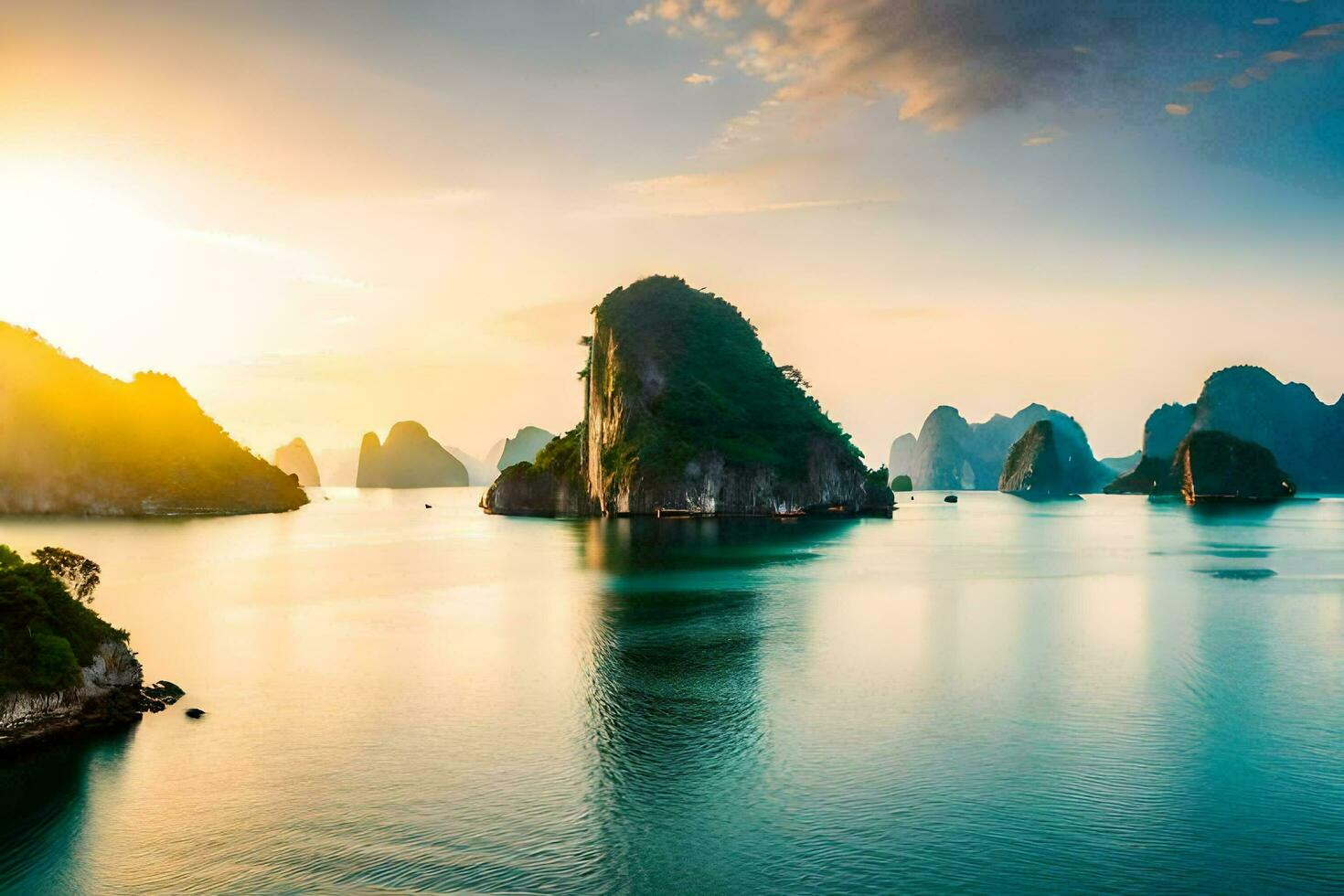 the sun sets over the water in halong bay, vietnam. AI-Generated photo