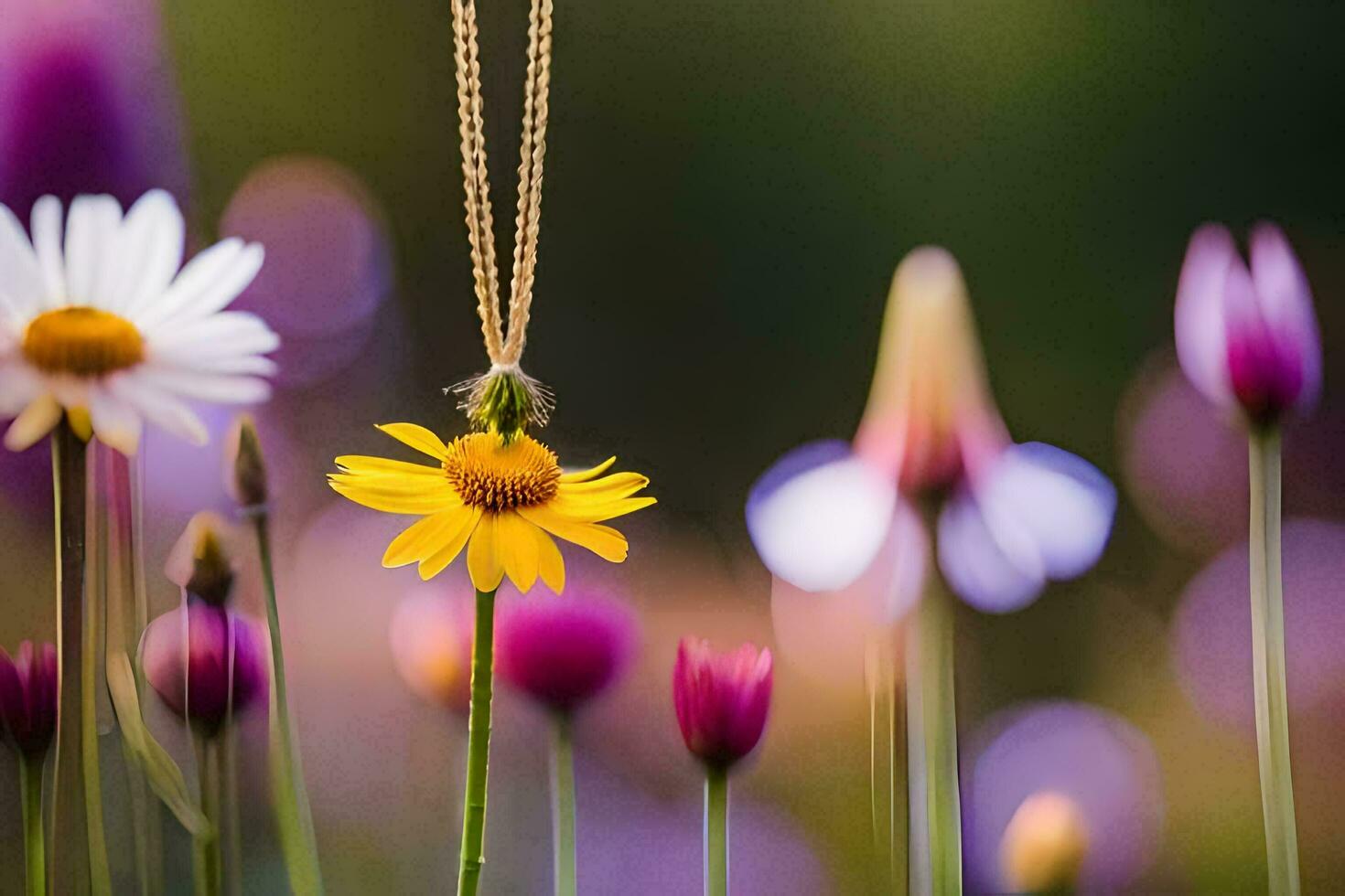 a yellow flower with a gold necklace hanging from it. AI-Generated photo