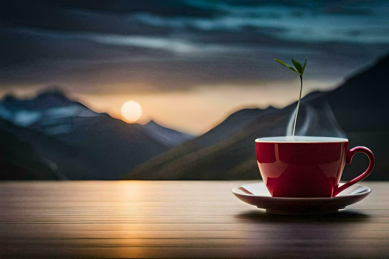 a cup of coffee with a plant on the table. AI-Generated photo