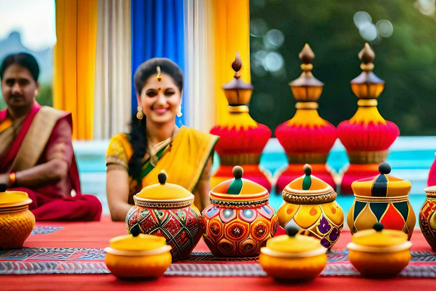 a woman sitting next to a table with colorful pots. AI-Generated photo