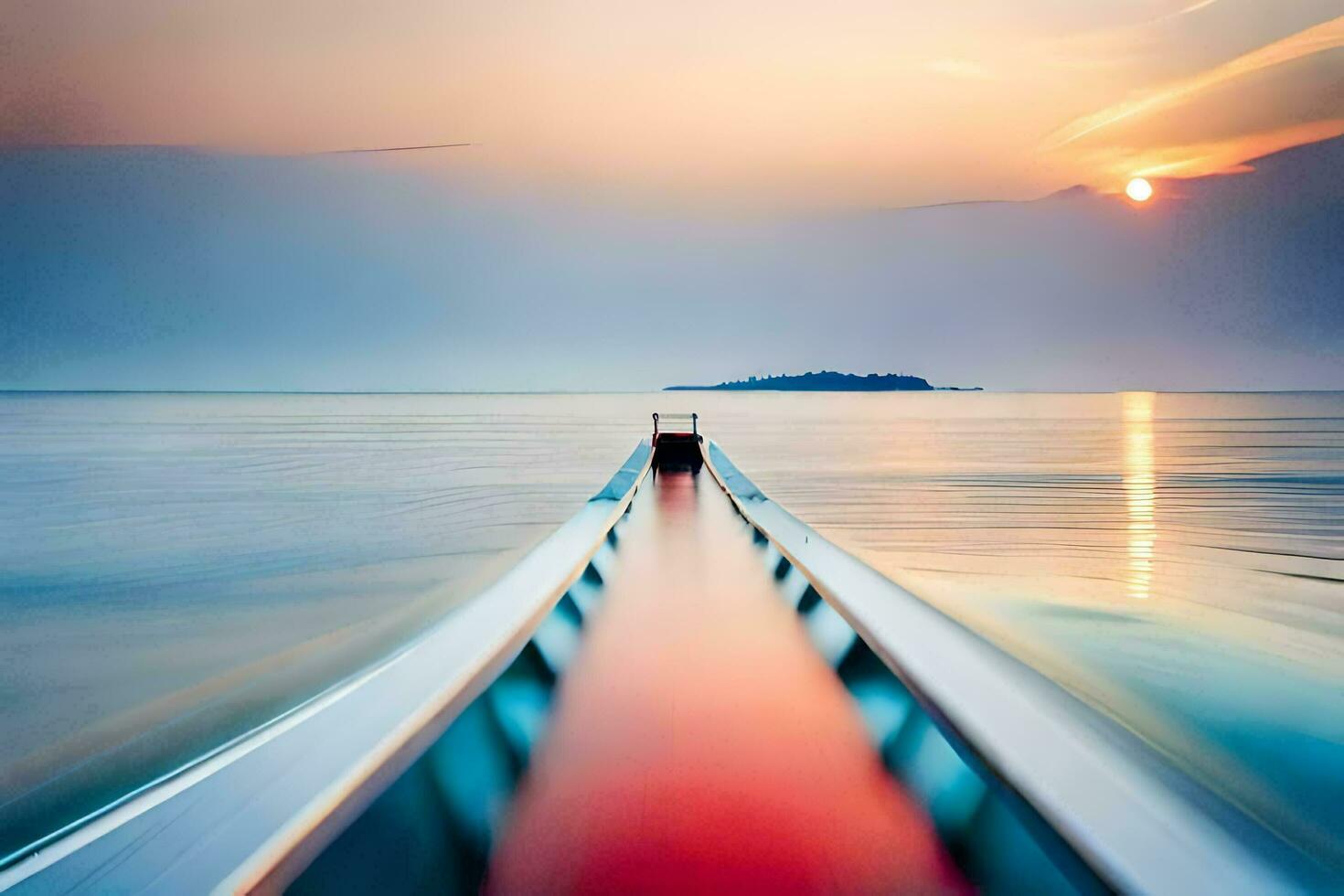 a boat is moving across the ocean at sunset. AI-Generated photo
