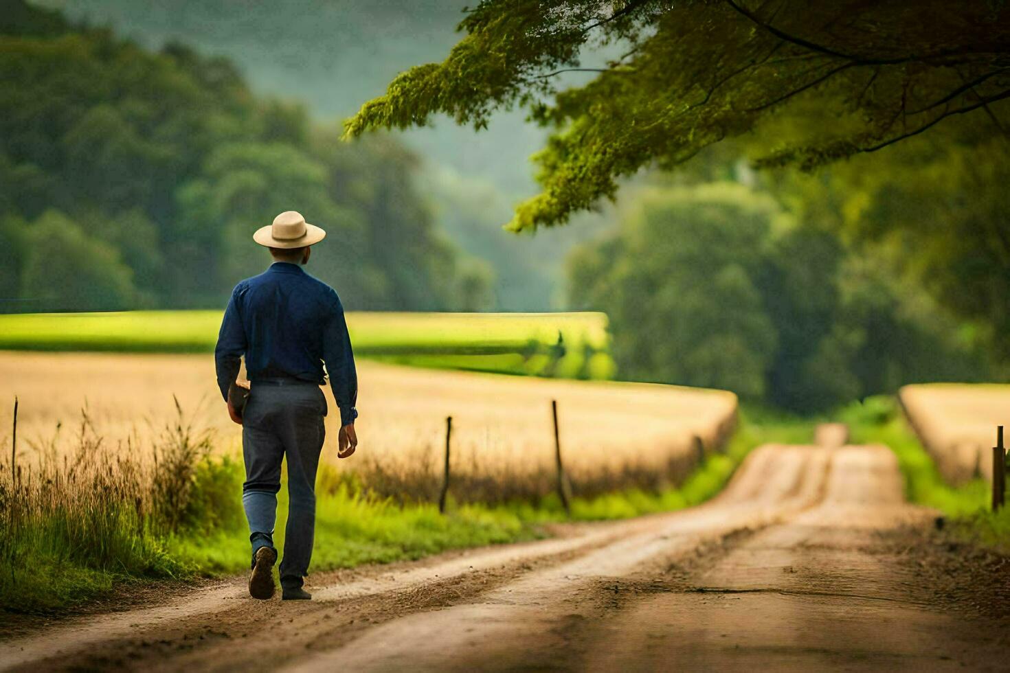 a man in a hat walks down a dirt road. AI-Generated photo