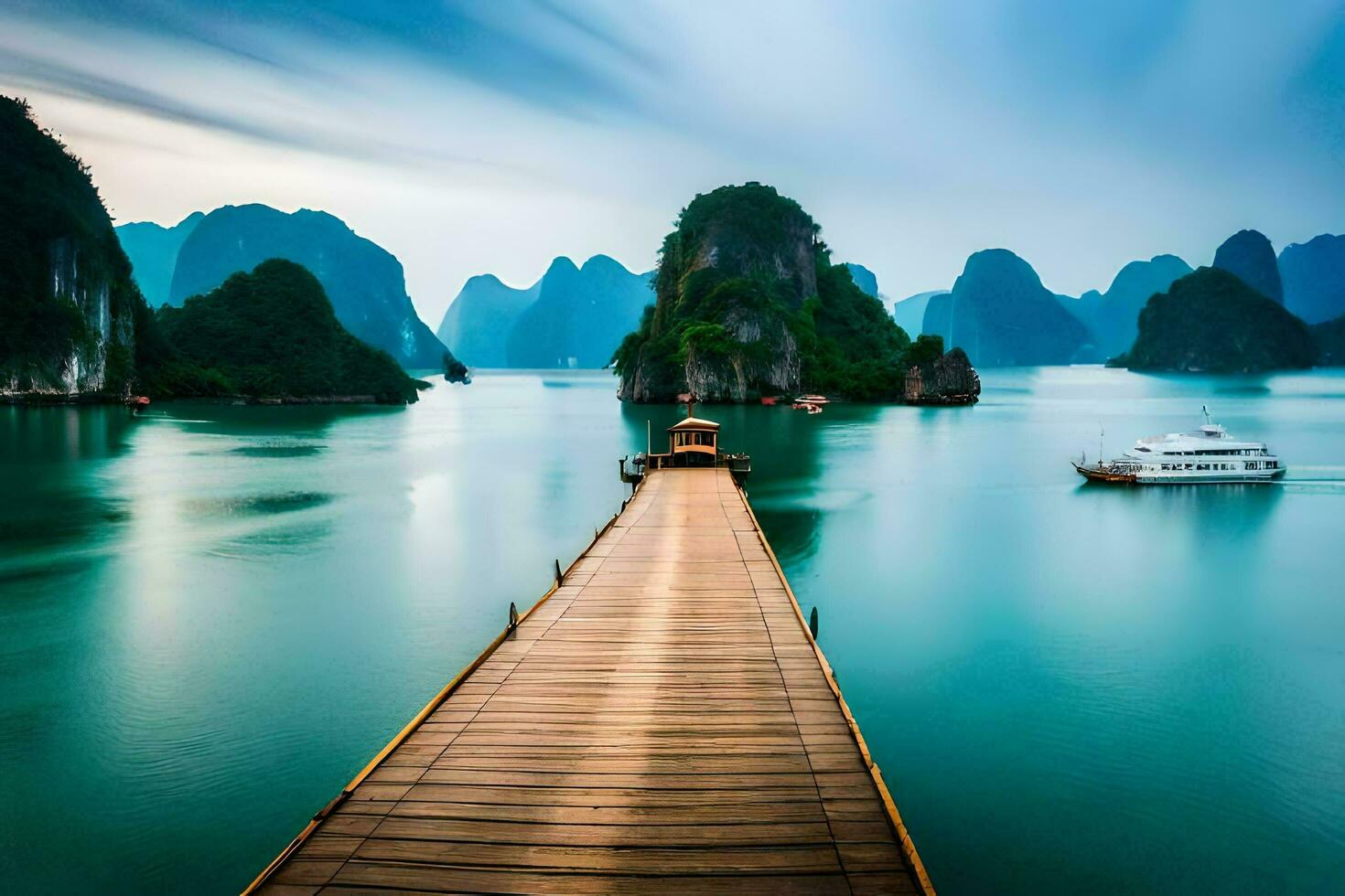a wooden bridge leads to a body of water with mountains in the background. AI-Generated photo