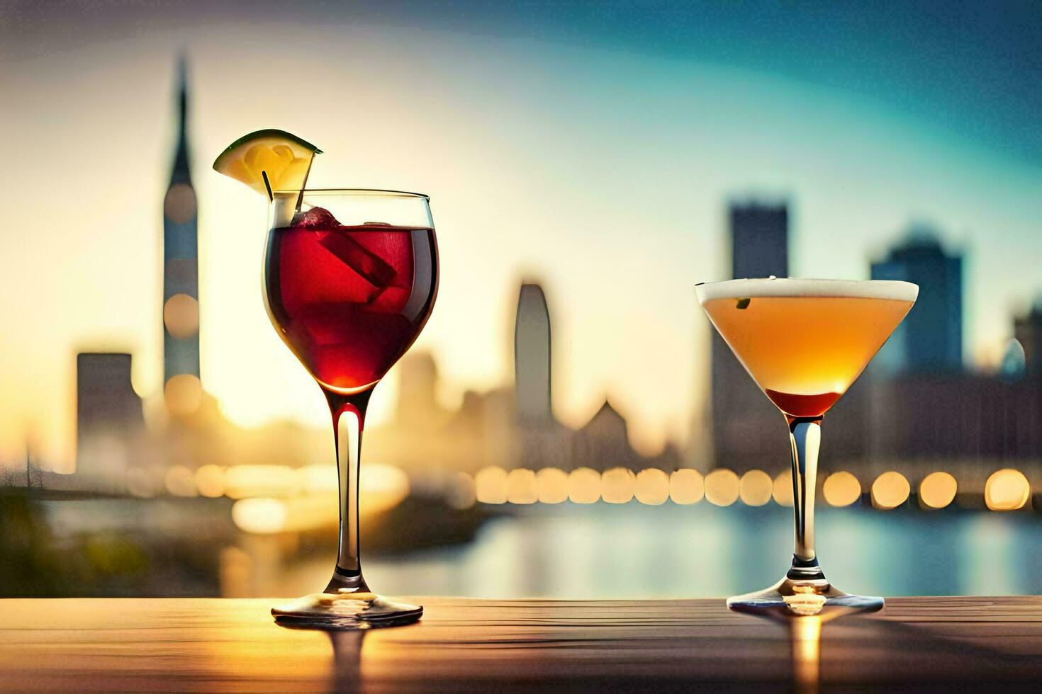 two glasses of cocktails with city skyline in the background. AI-Generated photo