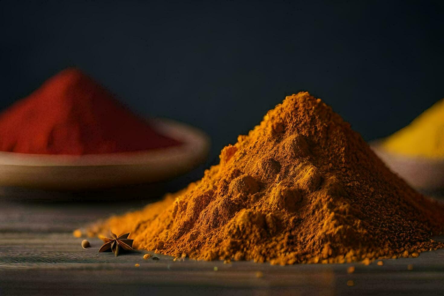 colorful spices on a wooden table. AI-Generated photo