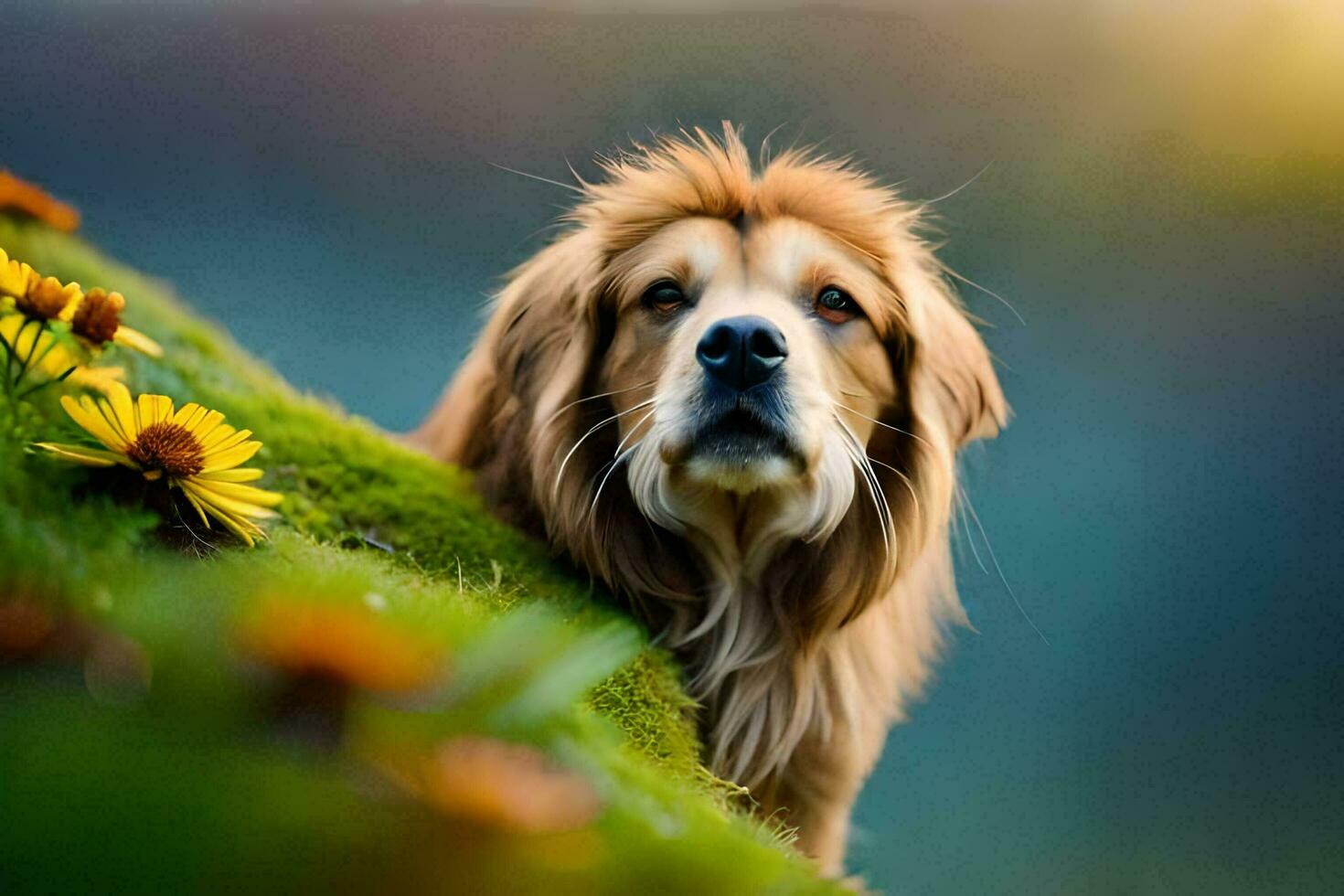 a dog is standing on a hill with flowers. AI-Generated photo
