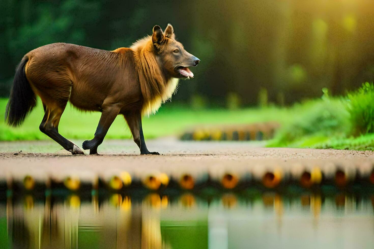 a wild dog walking along a path near water. AI-Generated photo