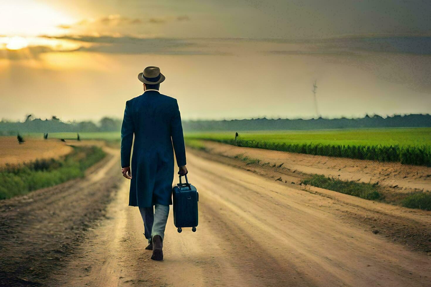 a man in a suit and hat walking down a dirt road. AI-Generated photo