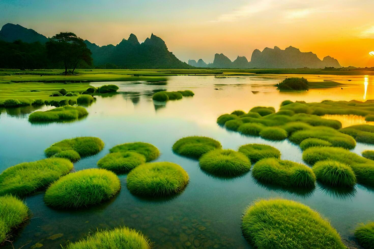 the sun sets over a river and green grass. AI-Generated photo
