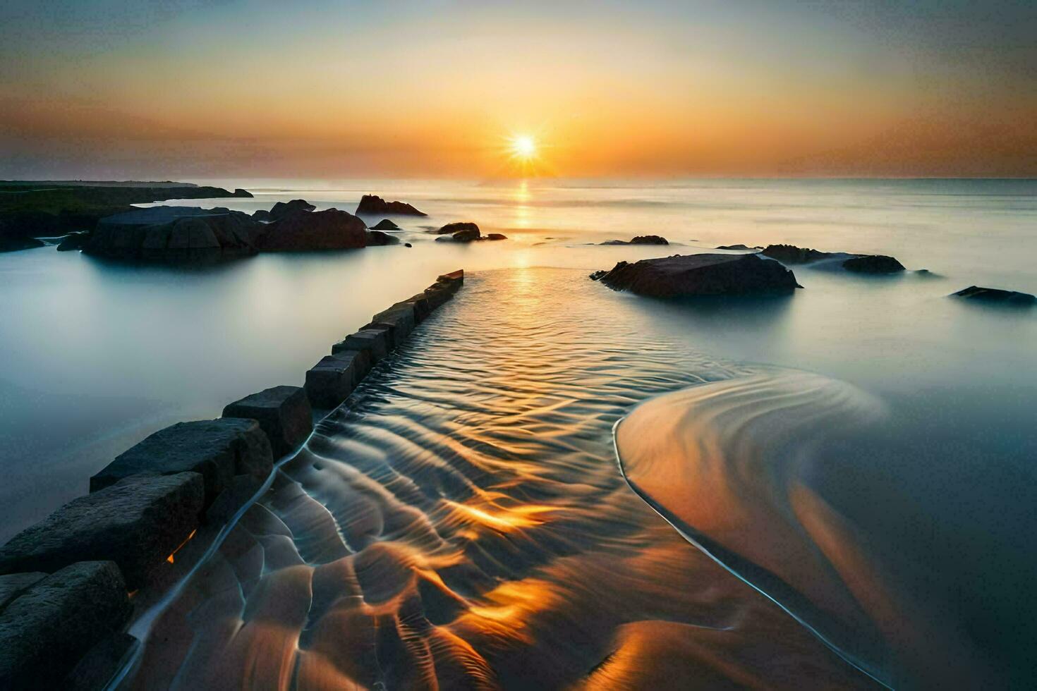 the sun sets over the ocean in this photo. AI-Generated photo