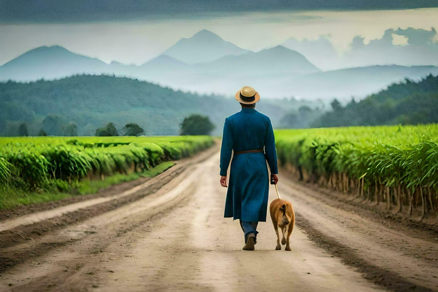 a man in a blue suit walks his dog down a dirt road. AI-Generated photo
