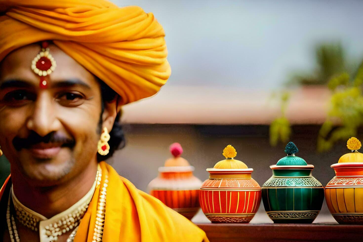 a man in an indian outfit with colorful pots. AI-Generated photo