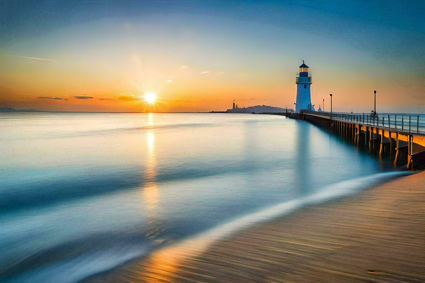 a lighthouse stands on the shore of a body of water. AI-Generated photo