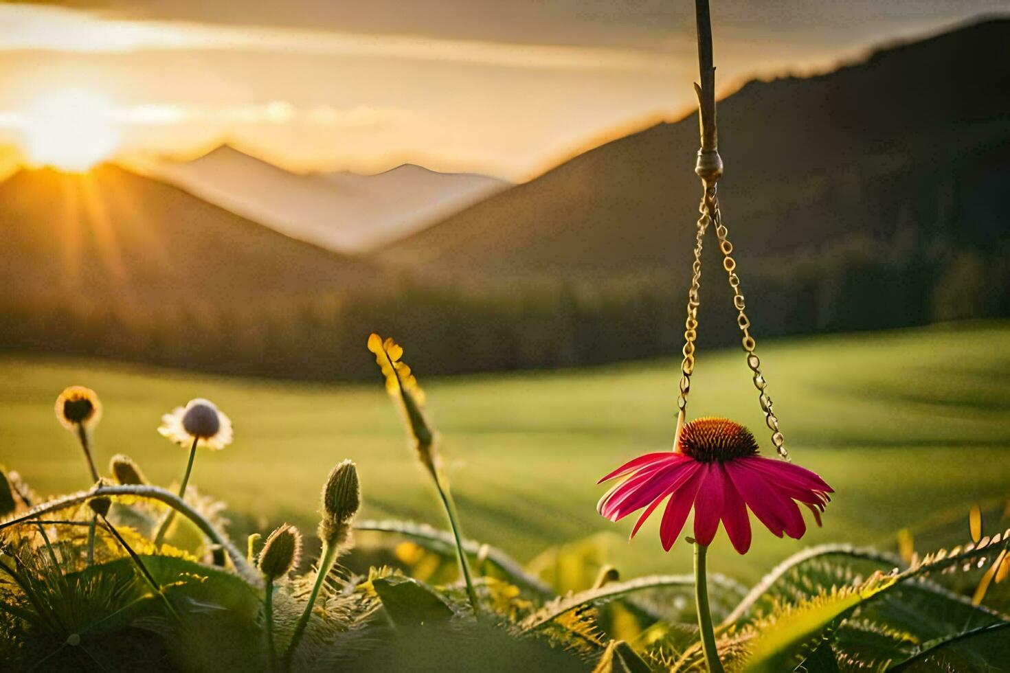 a pink flower is hanging from a chain in front of a mountain. AI-Generated photo