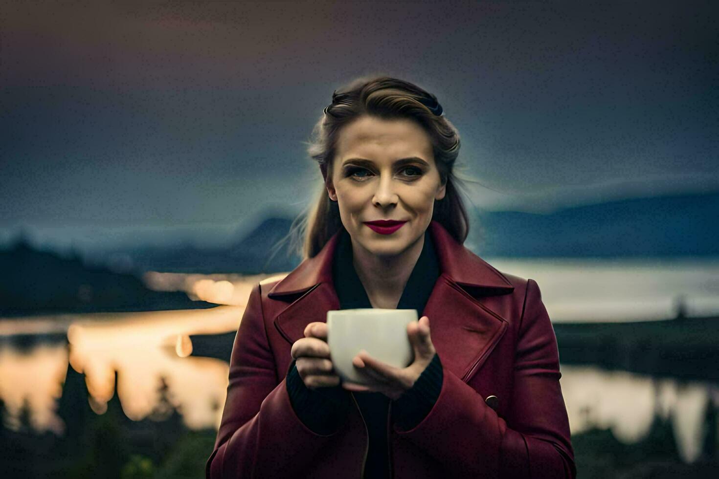 a woman in a red leather jacket holding a cup of coffee. AI-Generated photo