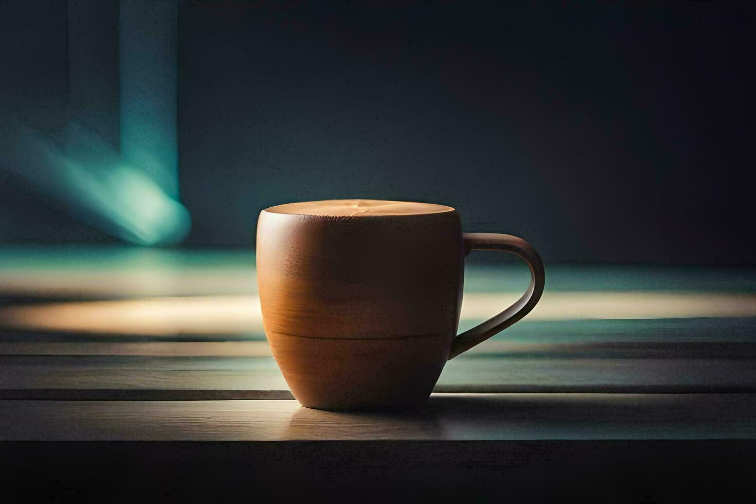 a brown mug on a wooden table. AI-Generated photo