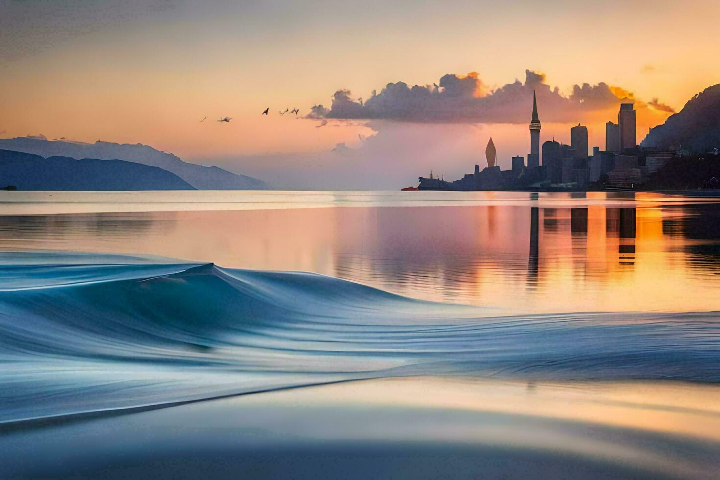 el ciudad horizonte es reflejado en el agua a puesta de sol. generado por ai foto