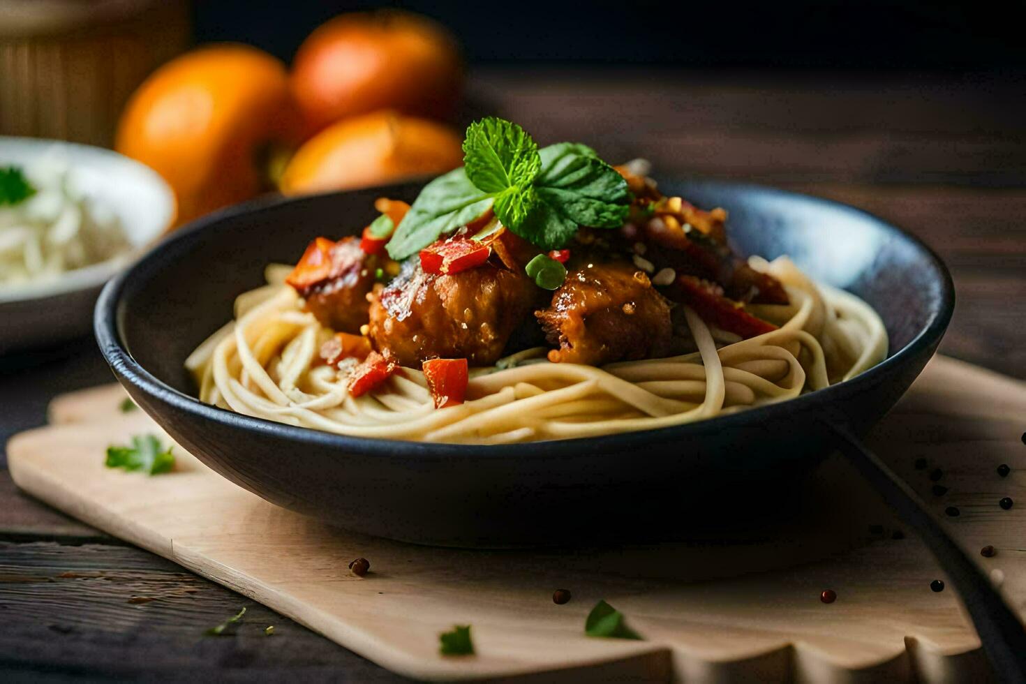 spaghetti with meatballs in a bowl. AI-Generated photo