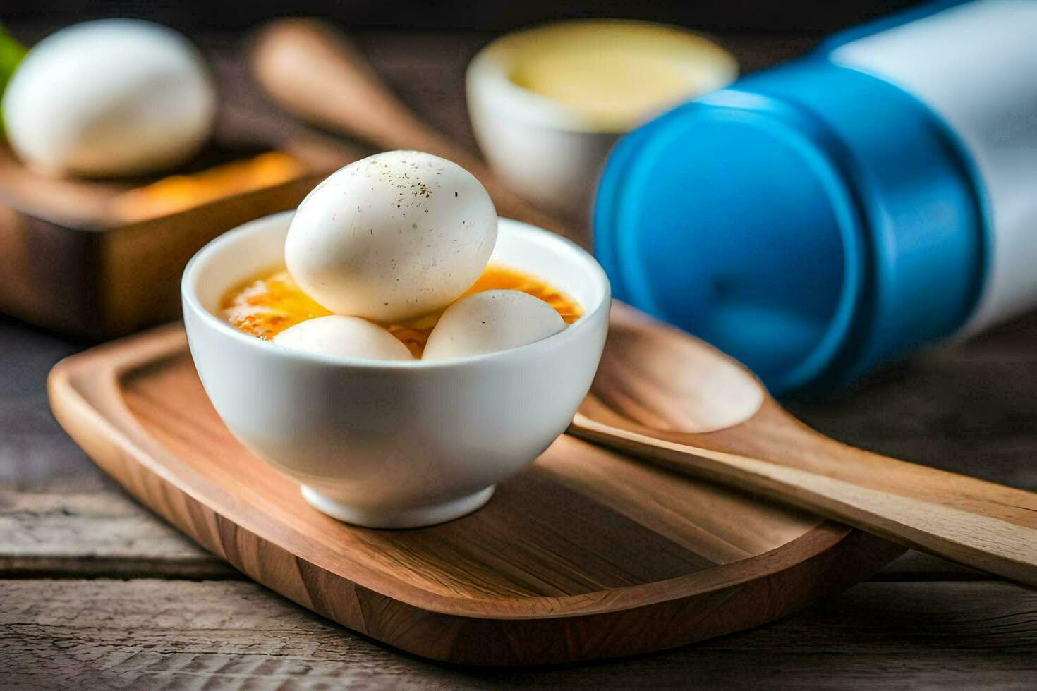 eggs in a bowl on a wooden table. AI-Generated photo
