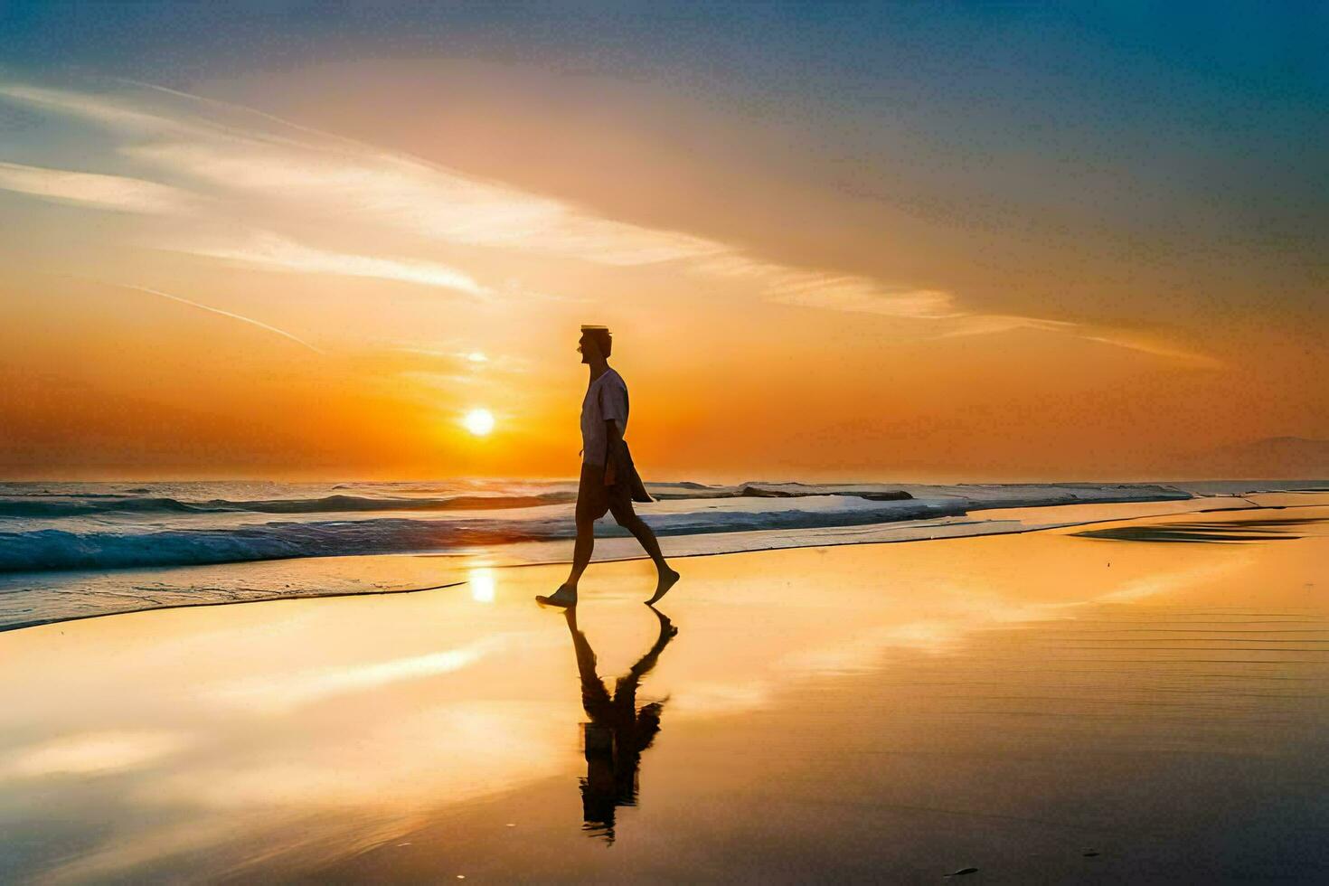 a man walking on the beach at sunset. AI-Generated photo
