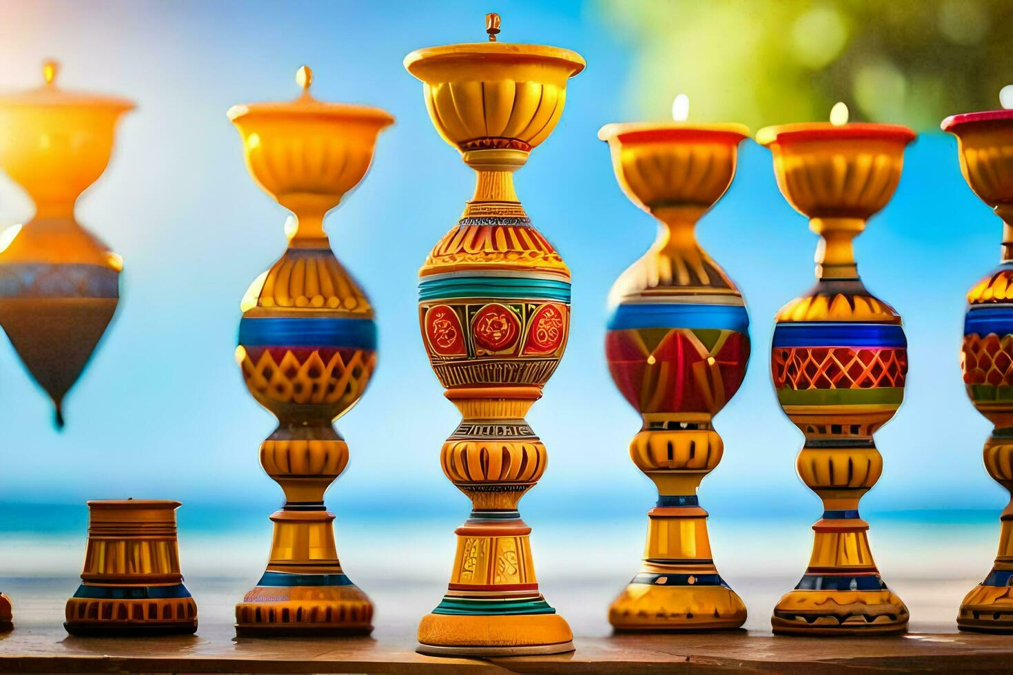 candles with colorful designs on them are lined up. AI-Generated photo