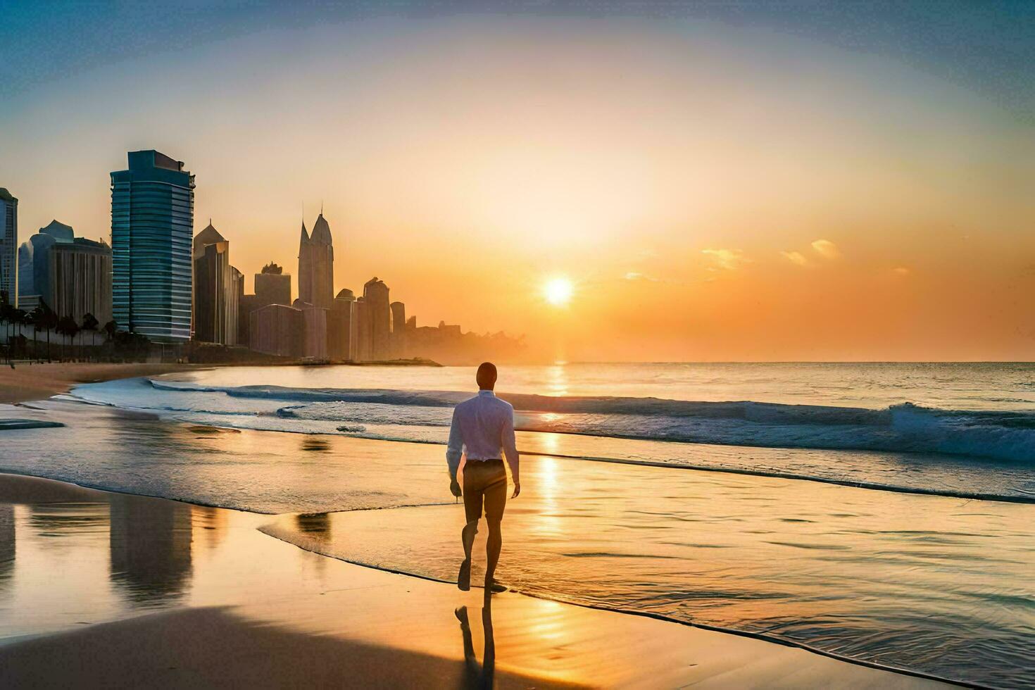 a man walks on the beach at sunset in dubai. AI-Generated photo