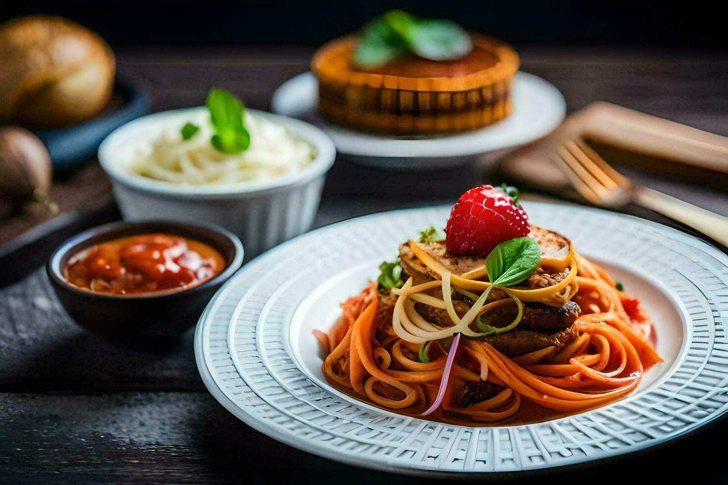 a plate of spaghetti with meat and vegetables. AI-Generated photo