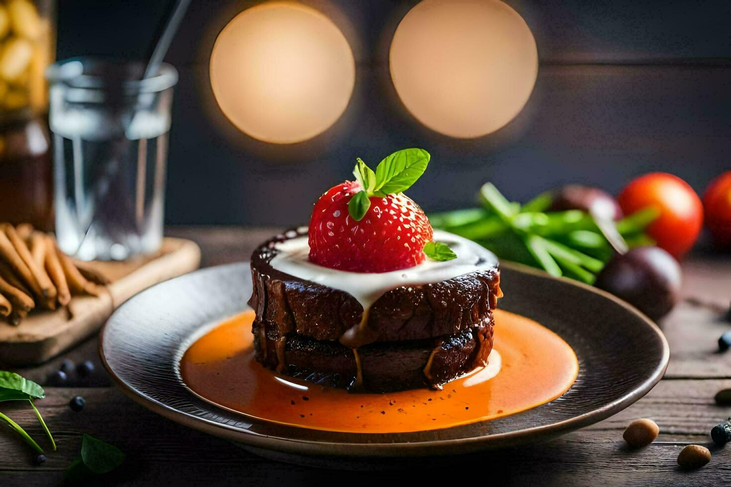 a dessert with strawberries and cream on a plate. AI-Generated photo