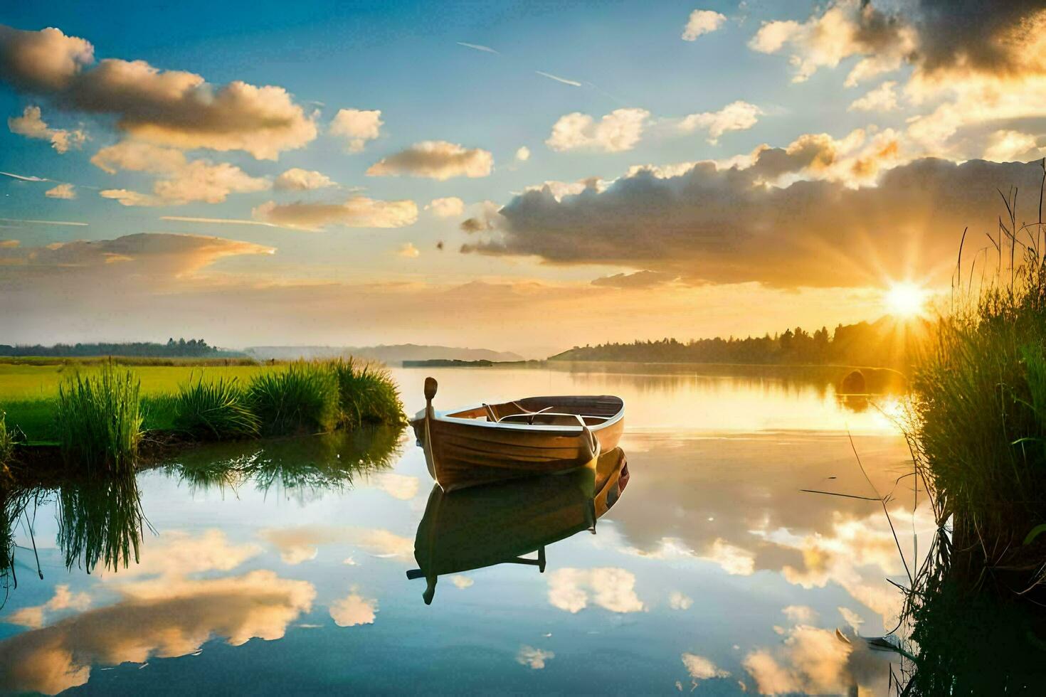 the boat is floating on the calm water. AI-Generated photo
