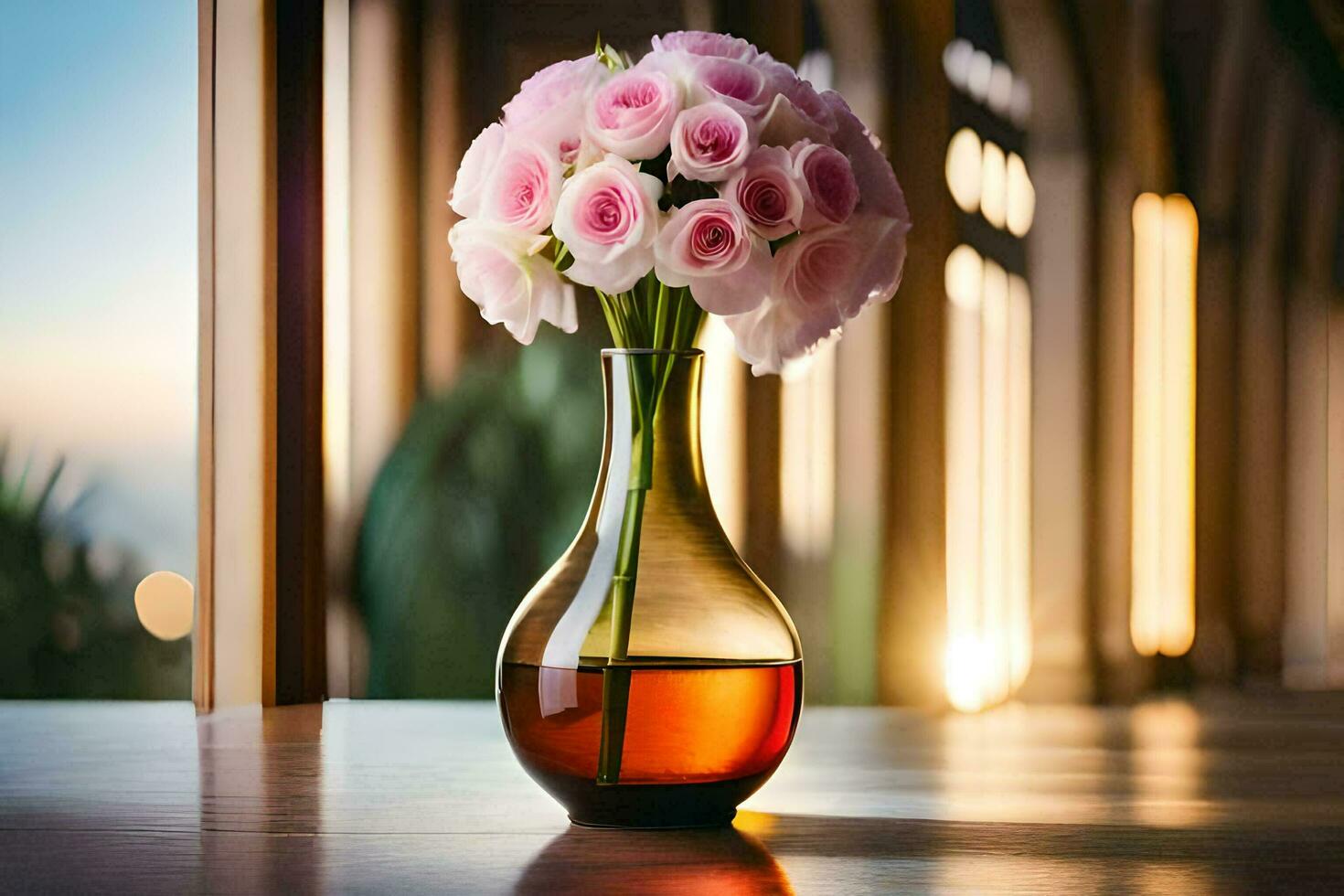 a vase with pink roses sitting on a table. AI-Generated photo