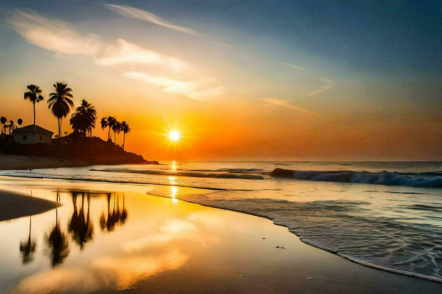 the sun sets on the beach with palm trees and water. AI-Generated photo