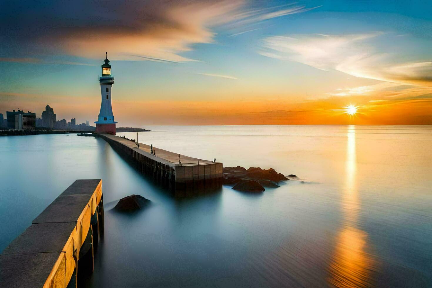 a lighthouse stands on the water at sunset. AI-Generated photo