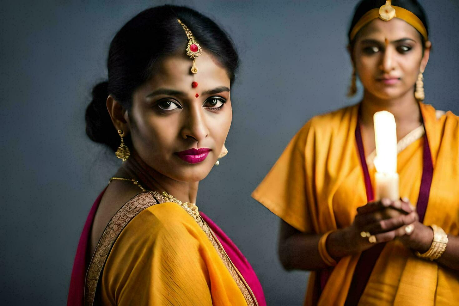 two women in traditional indian attire holding a candle. AI-Generated photo