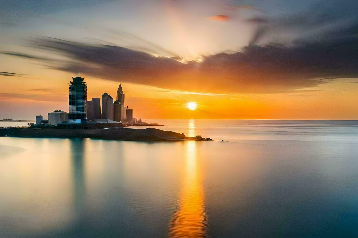 the sun sets over a city skyline in the distance. AI-Generated photo