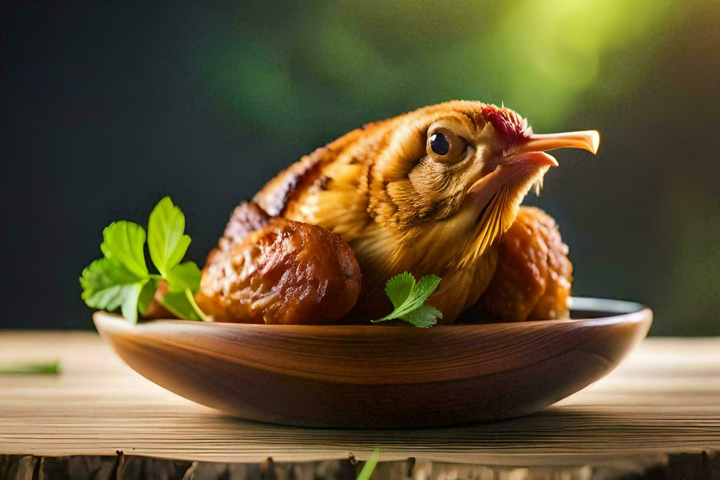 a chicken is sitting in a bowl with leaves. AI-Generated photo