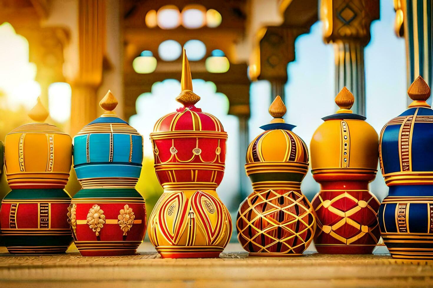 colorful vases lined up in a row. AI-Generated photo