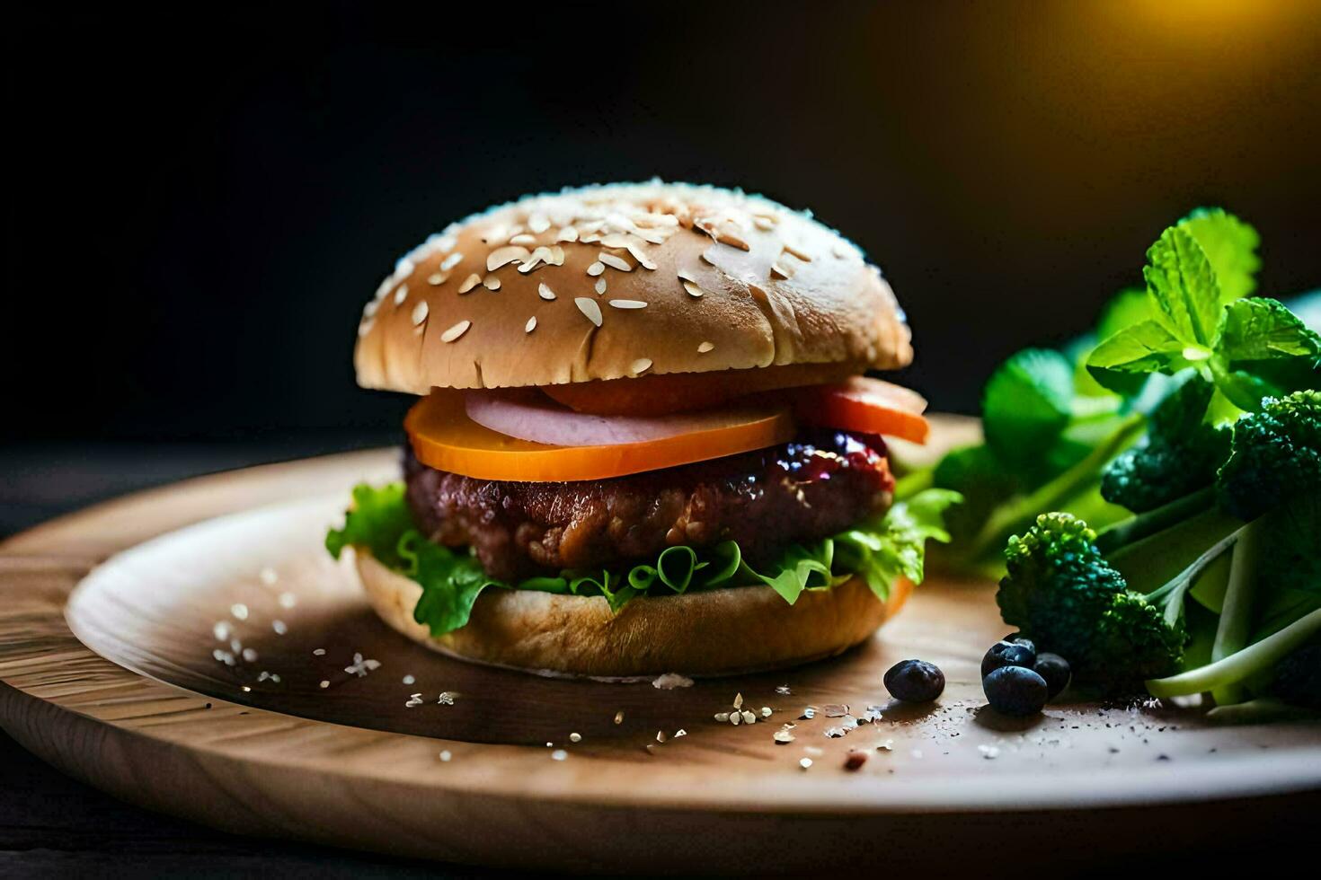a hamburger with vegetables on a wooden plate. AI-Generated photo