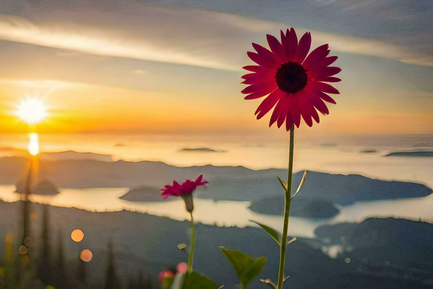a flower is seen in the foreground of a sunset. AI-Generated photo