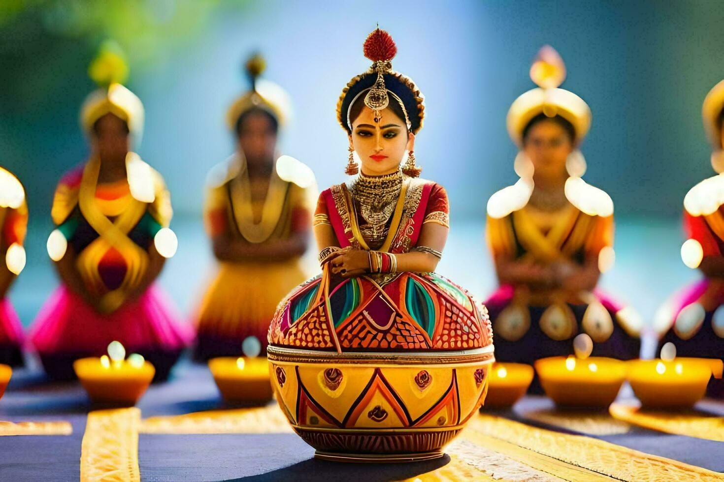 indian women in colorful costumes are sitting on a table. AI-Generated photo