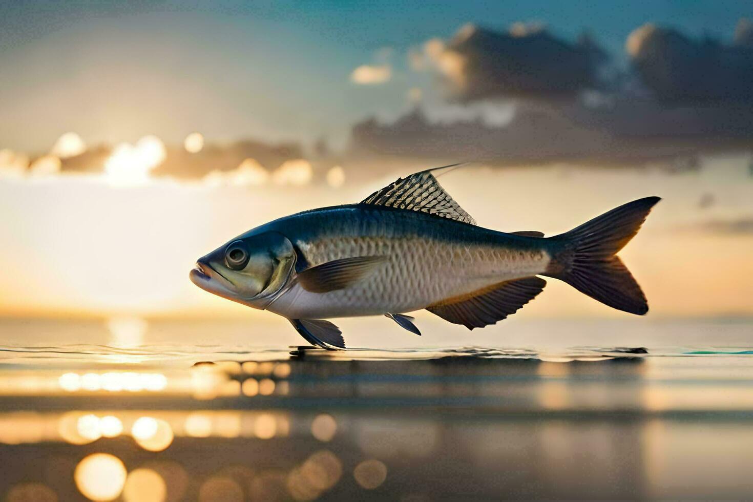 a fish is standing on the beach at sunset. AI-Generated photo