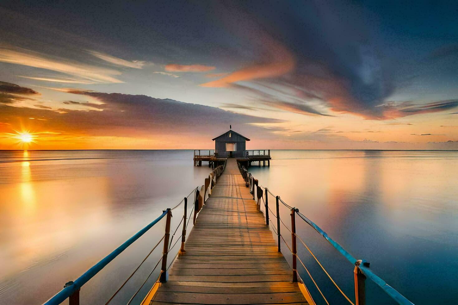 a pier with a dock and a house at sunset. AI-Generated photo