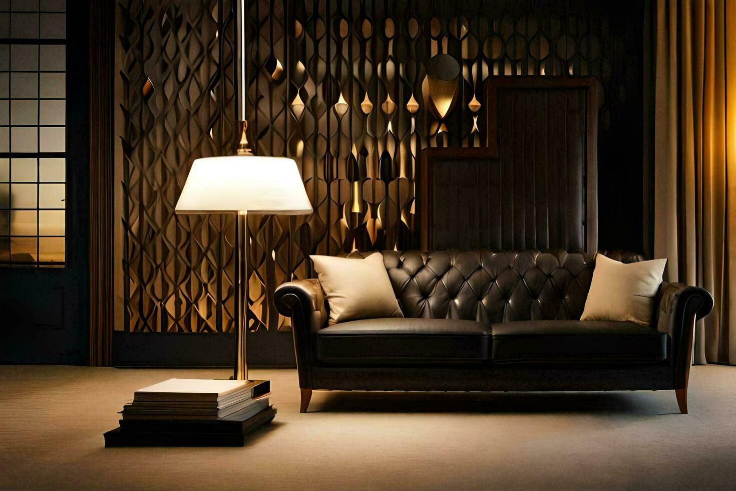 un vivo habitación con un cuero sofá y lámpara. generado por ai foto