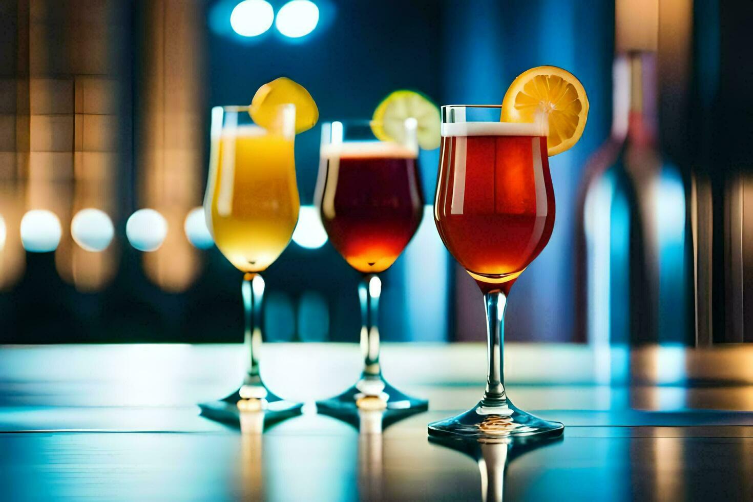 three glasses of different colored drinks on a table. AI-Generated photo