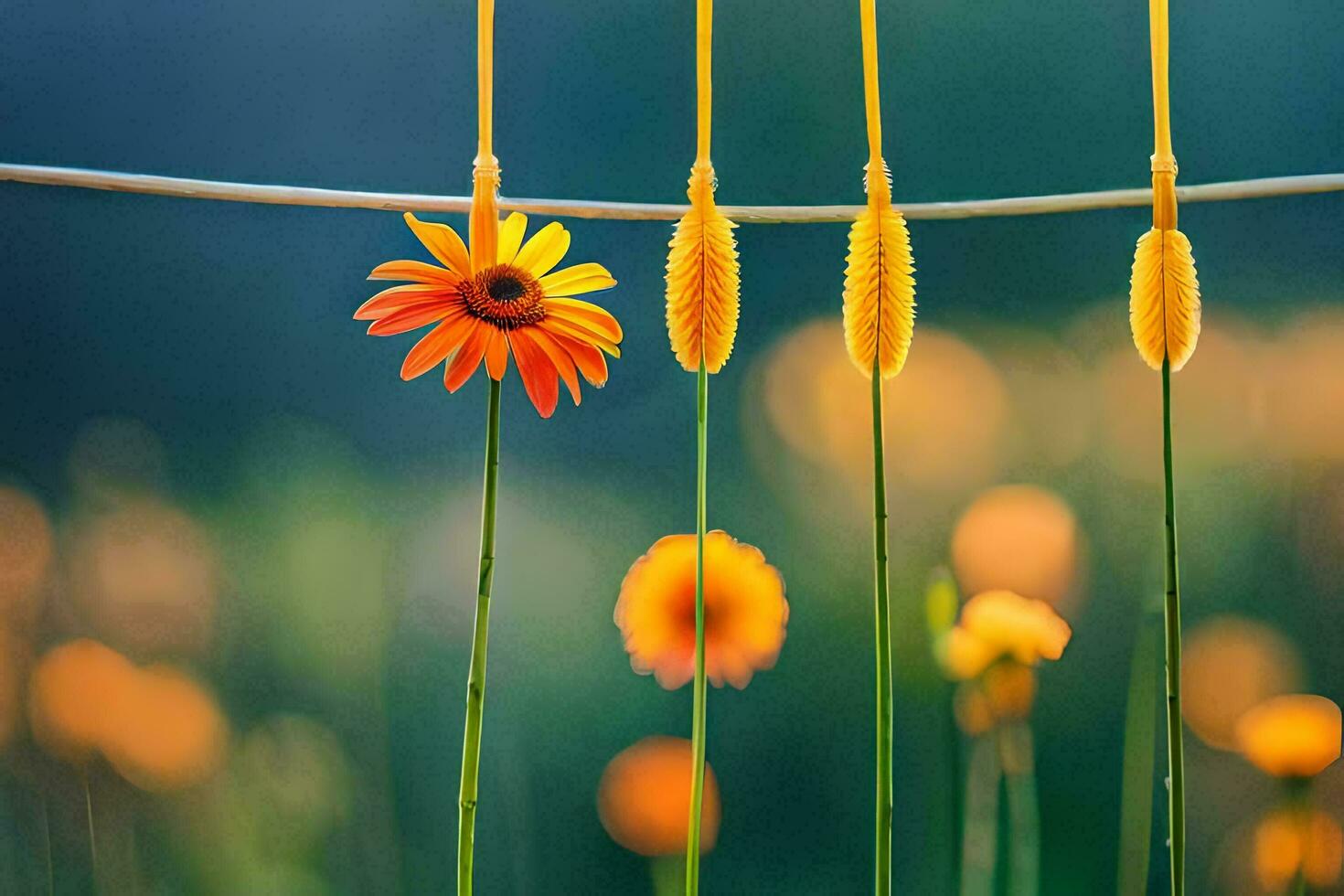 orange flowers hanging on a wire. AI-Generated photo