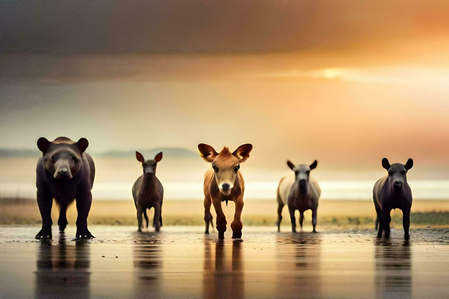 un grupo de animales caminando en un playa. generado por ai foto