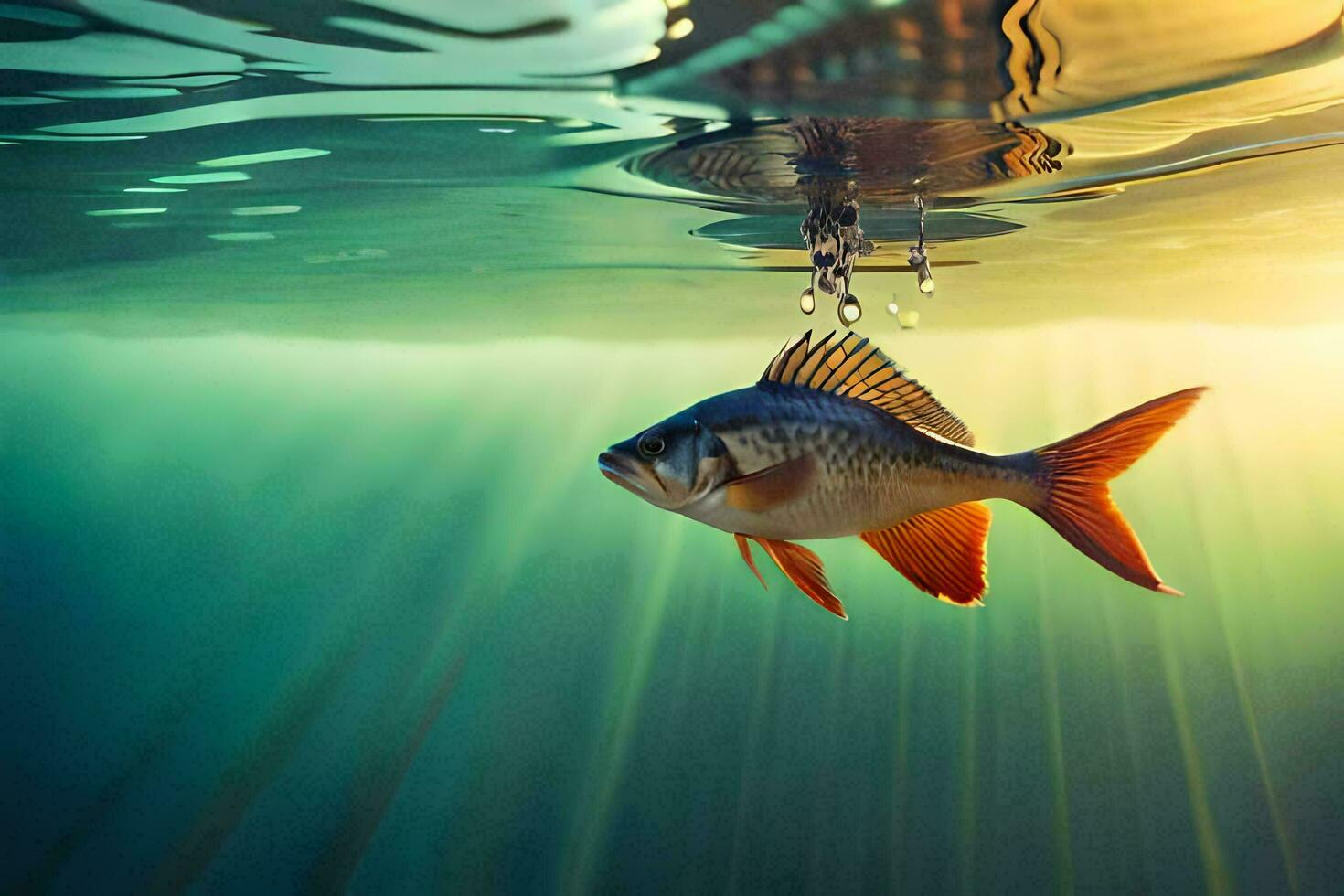 a fish is floating in the water with sunlight shining through. AI-Generated photo